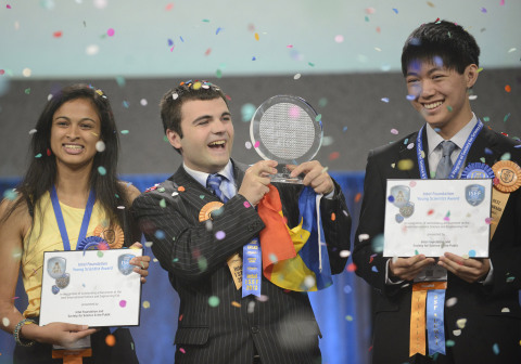 May 17, 2013 - Top winner Ionut Budisteanu, 19, of Romania (center) with second-place winners Eesha Khare, 18, of Saratoga, Calif. (left) and Henry Lin, 17, of Shreveport, La. celebrate their awards at the Intel International Science and Engineering Fair, the world's largest high school science research competition. More than 1,600 high schoolers from 70 countries, regions and territories competed for more than $4 million in awards this week. PHOTO CREDIT: Intel/Chris Ayers