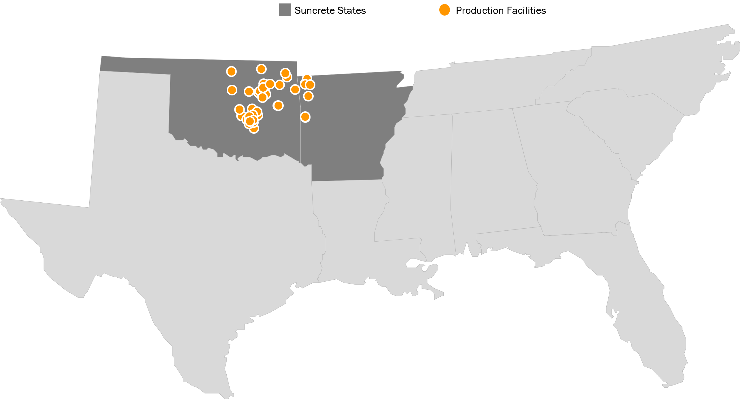This is a map depicting production facilities in Oklahoma and Arkansas