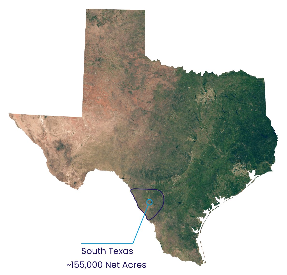 Topographical map of Texas showing the Maverick Basin asset area in South Texas.