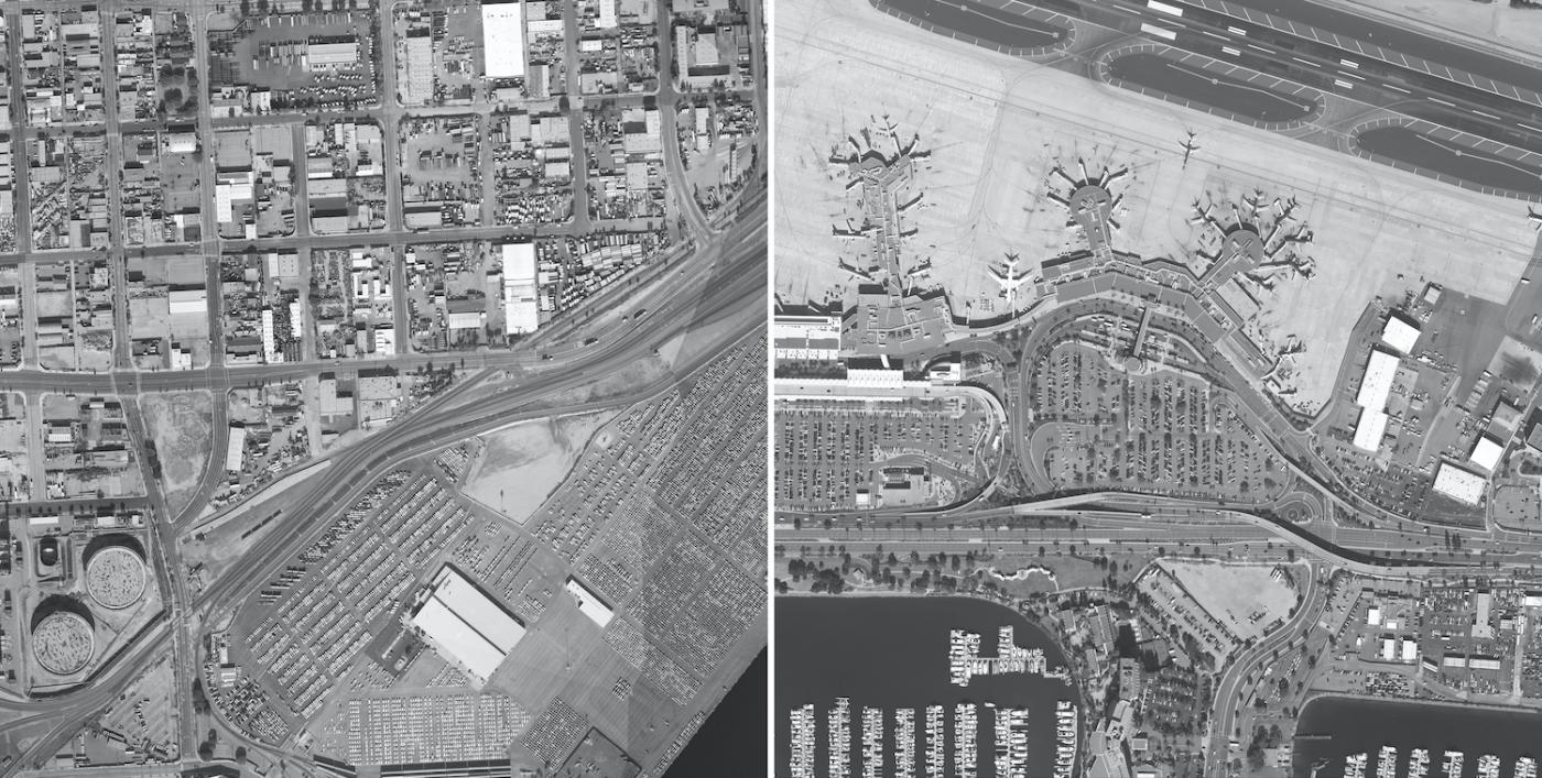 Black and white aerial views of a port and an airport