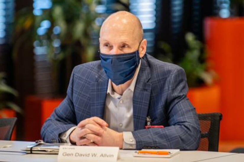 Gen. David W. Allvin receives updates on Draper’s R&D efforts at a meeting in Cambridge, Mass.