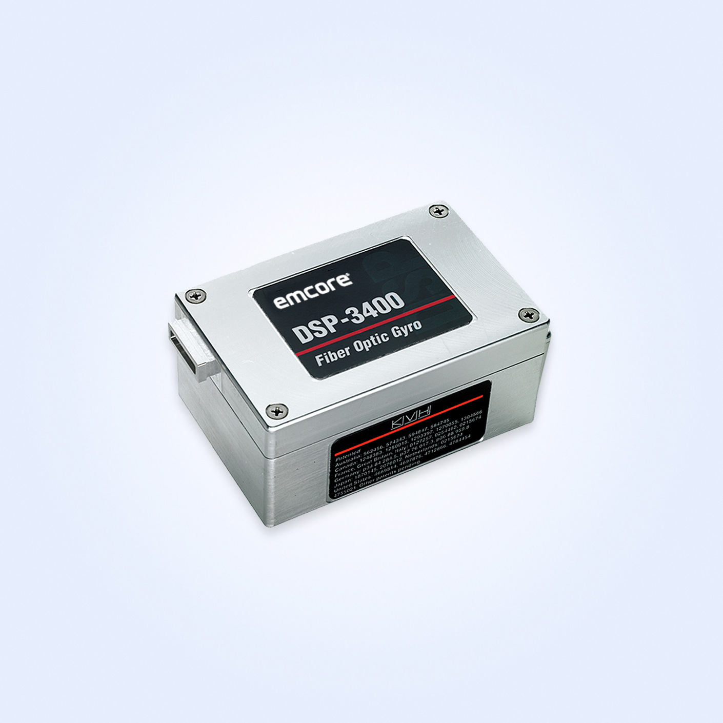 Emcore DSP-3400 Fiber Optic Gyro in a metallic casing, used for precision navigation systems.