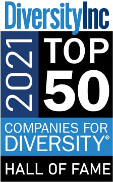 Logo for Diversity Inc. 2021 award: Top 50 Companies for Diversity. Hall of Fame.