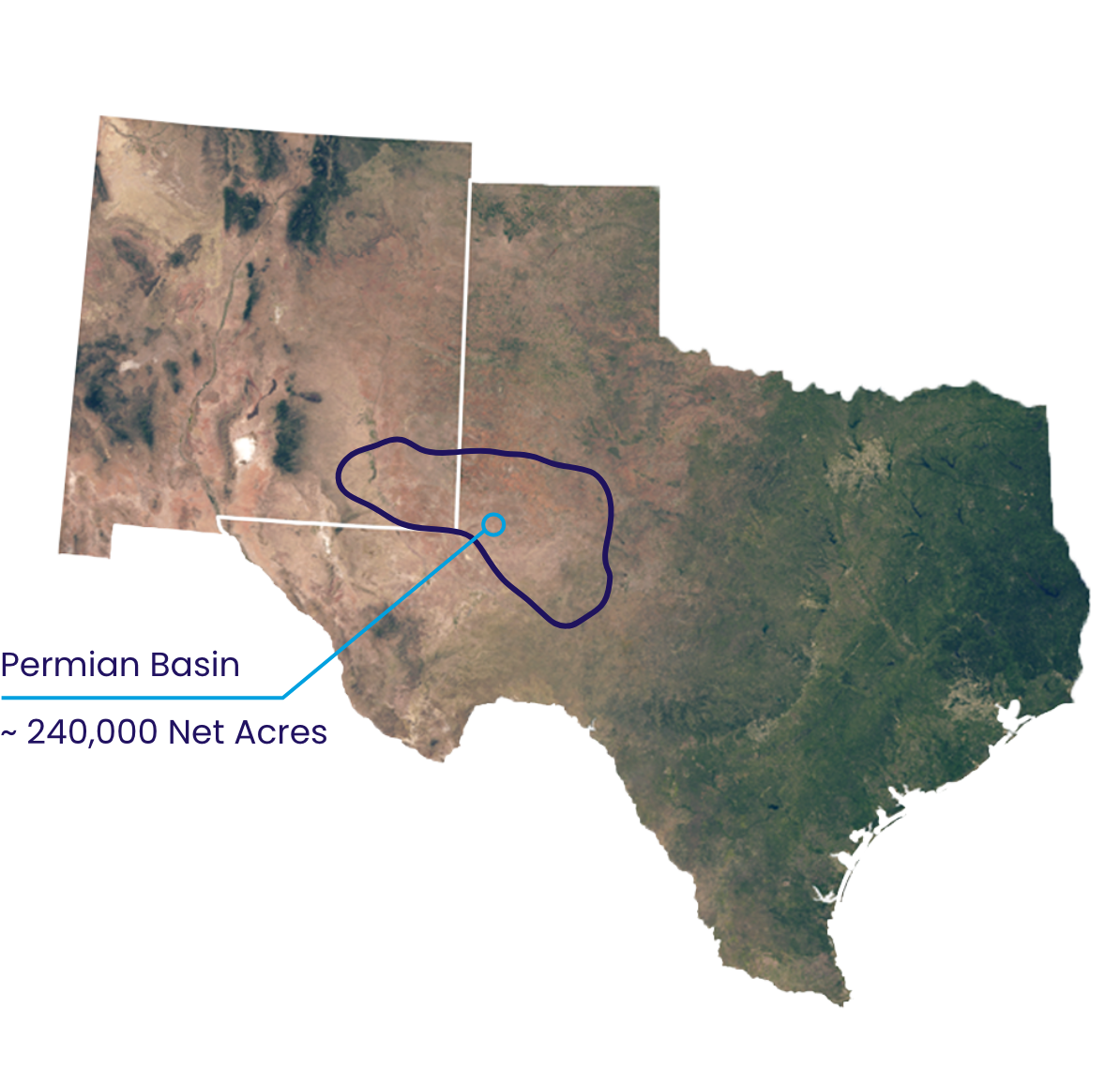 Topographical map of Texas showing the Permain Basin asset area.