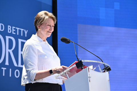 Barbara Barrett, family friend of Gordon and Betty Moore and former secretary of the Air Force, speaks Thursday, June 1, 2023, at the Intel Corporation campus in Santa Clara, California, as part of a tribute for Gordon Moore. Moore, Intel’s co-founder and one of America’s leading philanthropists, died March 24, 2023. (Credit: Intel Corporation)