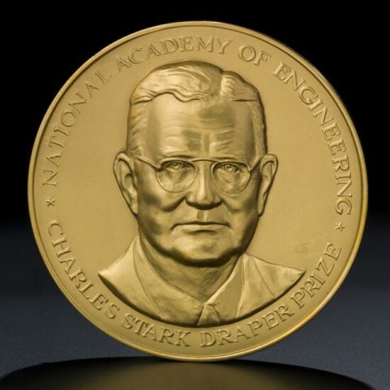 Gold medal of the Charles Stark Draper Prize for Engineering, featuring a portrait of "Doc" Draper.
