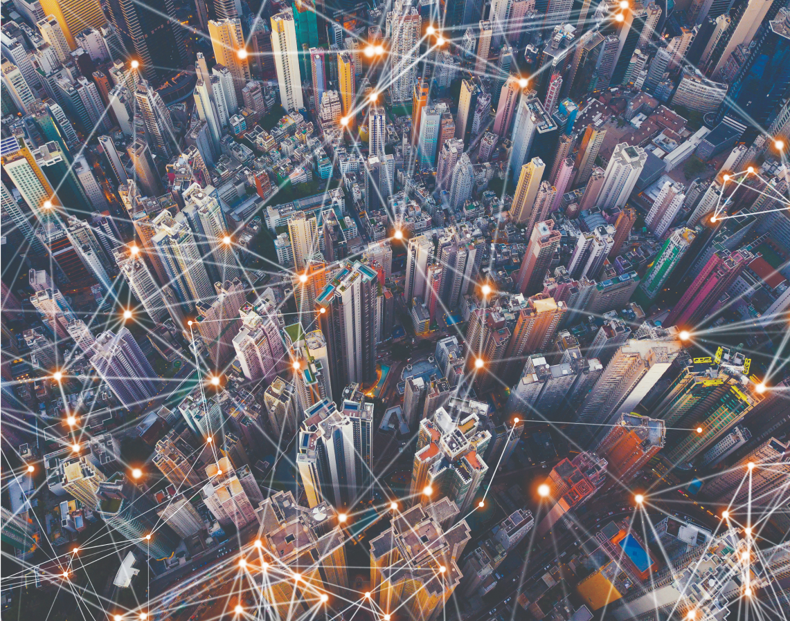 A city with lights white circles with orange shadow border, connected by white lines