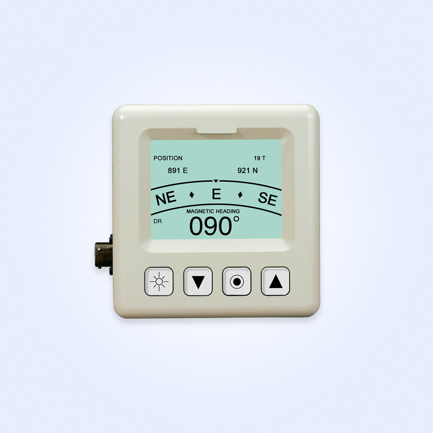 A beige square navigational device with a square screen that includes buttons for screen brightness, up and down arrows, and a button with a circle. Also includes a black nob on the side. The device's screen depicts navigation information.