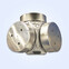 Stainless steel industrial component with two cylindrical sections and multiple bolt holes.