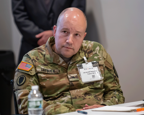 Brig. Gen David C. Trybula, U.S. Army Combat Capabilities Development Command (DEVCOM) Deputy Commanding General and the Senior Mission Commander of the Natick Soldier Systems Center (NSSC), during a visit to Draper on July 8. Draper has supported the U.S. military’s mission for more than 85 years. Credit: Draper.