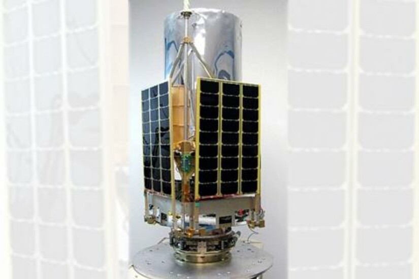 Upright satellite with solar panels on a base