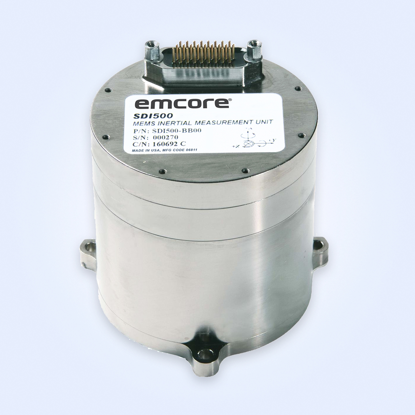 Emcore SDI500 MEMS Inertial Measurement Unit with connector and label on top.