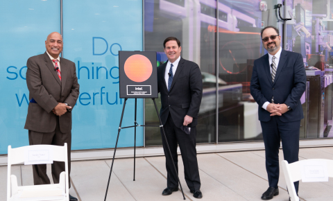 From left: Dr. Randhir Thakur, president of Intel Foundry Services, Arizona Gov. Doug Ducey, and Keyvan Esfarjani, Intel senior vice president in Manufacturing & Operations, celebrate Intel’s $20 billion investment for two new factories on the company’s Ocotillo campus in Chandler, Arizona. On March 23, 2021, the company announced the investment and said it expects to begin planning and construction activities this year. (Credit: Intel Corporation)