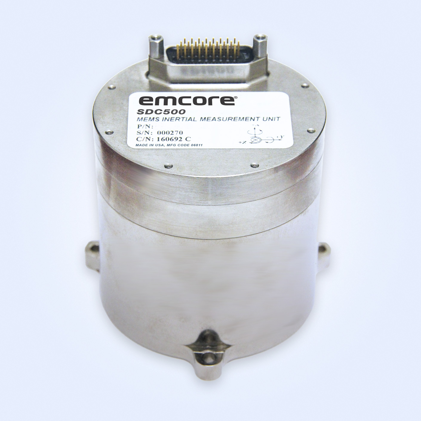 EMCORE SDC500 MEMS Inertial Measurement Unit with connector and label on top.