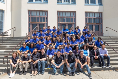 A photo shows all 37 interns from Oakland Technical and McClymonds high schools, Intel Education Service Corp. team trainers, and Intel and Oakland Unified School District Education Fund Program Managers. On completion of their six-week paid internships, 37 interns from Oakland Technical and McClymonds high schools presented projects, many incorporating Intel Corporation technology, to their families, schools and communities during a presentation in Oakland, Calif., on Thursday, July 26, 2018. (Credit: Intel Corporation)