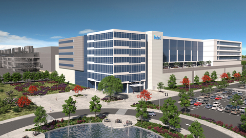 A rendering shows early plans for two new Intel processor factories in Magdeburg, Germany. Announced in March 2022, the project will deliver computer chips using Intel's most advanced transistor technologies. (Credit: Intel Corporation)