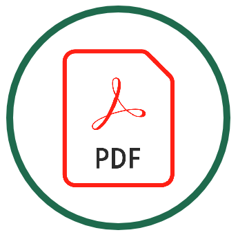 White document icon with red border and folded top-right corner, featuring red "PDF" logo with black "PDF" text below, contained within a dark green circular border on black background.