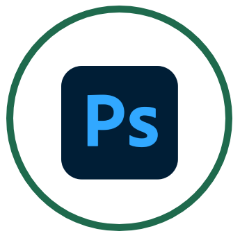 Adobe Photoshop icon featuring dark blue square with rounded corners containing light blue "Ps" letters, centered within a dark green circular border.