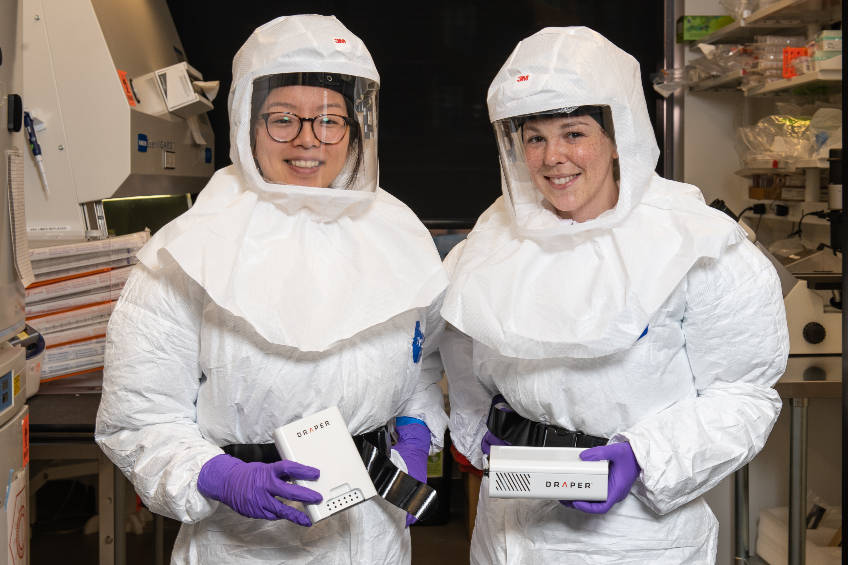 Draper researchers cultured and tested human bronchial epithelial cells in a biosafety level 3 (BSL-3) high-containment laboratory, which allowed them to evaluate the full viral life cycle of SARS-CoV-2, a critical step in assessing drug compounds. Credit: Draper
