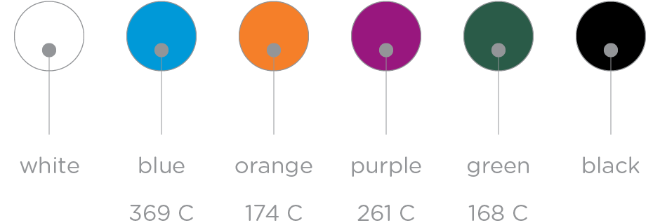 image containing 6 colours for layouts: White, Blue (369 C), Orange (174 C), Purple (261 C), Green (168 C), Black.