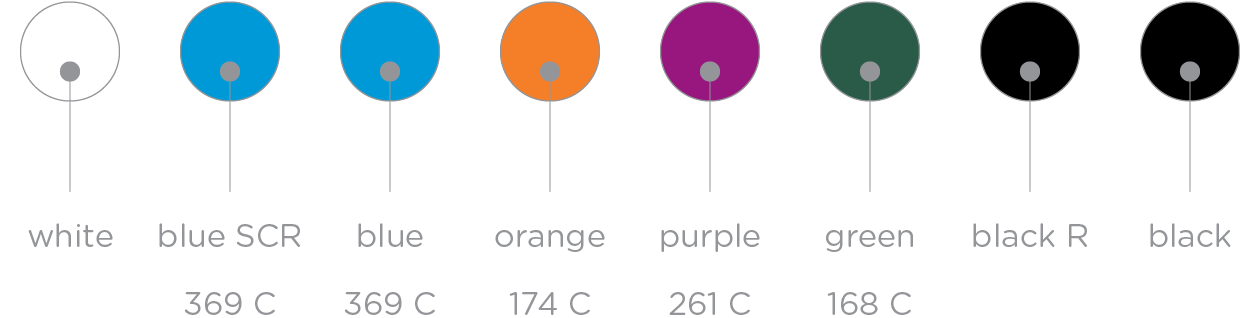 image containing 8 printing separations: White, Blue SCR (369 C), Blue (369 C), Orange (174 C), Purple (261 C), Green (168 C), Black R, Black