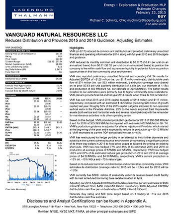 Vanguard Natural Resources LLC - Reduces Distribution and Provides 2015 and 2016 Guidance; Adjusting Estimates Vanguard Natural Resources LLC - Reduces Distribution and Provides 2015 and 2016 Guidance; Adjusting Estimates