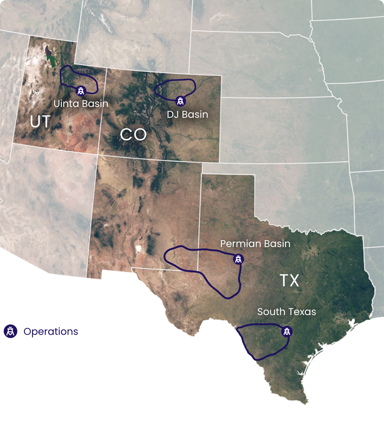Topographical map of Texas and Colorado showing the Company's headquarters in Denver and an office in Houston, with operations in Midland and South Texas.