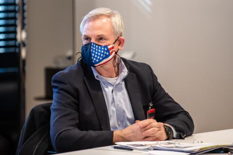 Air Force Lt. Gen. Timothy G. Fay attends a briefing by Draper’s leadership team on March 8. The briefing focused on recent developments in technology and engineering in support of national defense. Credit: Draper.