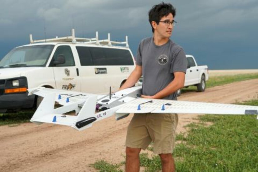 Alex Hirst with a pilotless fixed-wing plane