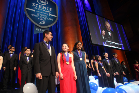 Intel Science Talent Search first place winners Amol Punjabi (Mass.), Paige Brown (Maine) and Maya Varma (Calif.) each took home $150,000 at competition's 75th anniversary event. Photo credit: Linda Doane