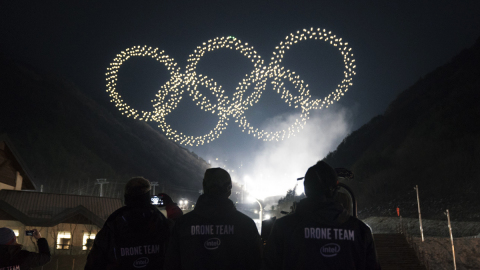 The Intel drone light show team produces the Olympic Winter Games PyeongChang 2018 Opening Ceremony drone light show, featuring Intel Shooting Star drones. (Credit: Intel Corporation)