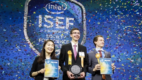 Amber Yang (from left), Ivo Zell and Valerio Pagliarino take the stage on Friday, May 19, 2017, at the 2017 International Science and Engineering Fair, a program of Society for Science & the Public and the world’s largest international pre-college science competition. Zell, of Lorch, Germany, was awarded first place for designing and constructing a remote control prototype of a new 