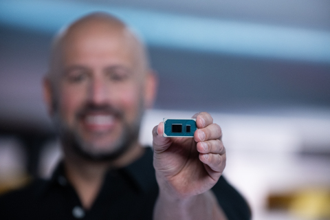 Gregory M. Bryant, Intel executive vice president and general manager of the Client Computing Group, holds an 11th Gen Intel Core processor with Intel Iris Xe graphics for the Intel global launch event on Wednesday, Sept. 2, 2020. (Credit: Walden Kirsch/Intel Corporation)