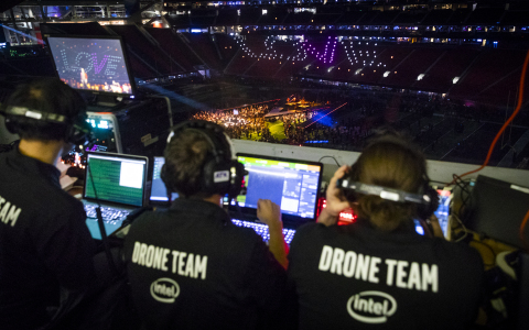 One hundred fifty enhanced Intel Shooting Star drones fly during rehearsals for the Pepsi Super Bowl LIII Halftime Show. During Super Bowl LIII in Atlanta on Feb. 3, 2019, Intel Corporation partnered with the NFL to create the first-ever live drone light show during a Super Bowl Halftime Show. As Maroon 5 began the song “She Will Be Loved,” 150 enhanced Intel Shooting Star drones floated up and over the field in a choreographed performance to the music to form the words “ONE” and “LOVE.” (Credit: Intel Corporation)