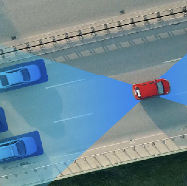 Diagram showing aerial view of car with radar forward backward