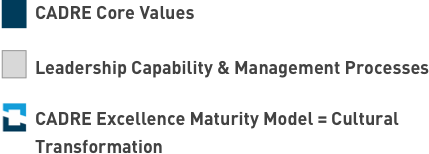 CADRE Excellence Maturity Model equals Cultural Transformation and includes: Core Values (CV) and Leadership Capability & Management Process (LC & MP)